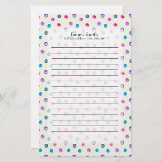 Papeterie Points bleu violet rose mignon personnalisés sur b (Devant / Derrière)