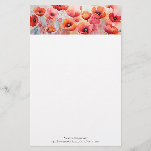 Papeterie Poppies d'aquarelle rouge dans un champ (Devant)