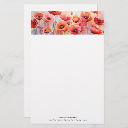 Papeterie Poppies d'aquarelle rouge dans un champ (Devant / Derrière)