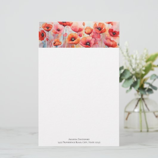 Papeterie Poppies d'aquarelle rouge dans un champ (Debout devant)