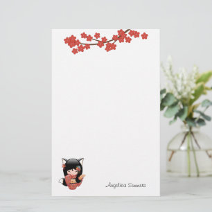 Papeterie Poupée Kitsune Kokeshi - Black Fox Geisha Girl