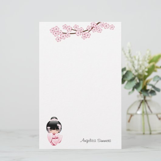 Papeterie Poupée Kokeshi Kimono Rose (Debout devant)