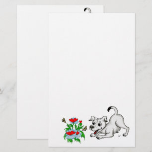 Papeterie Printemps Éveil, Chiot avec Fleurs et Papillon