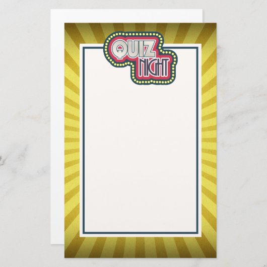 Papeterie Quiz Nuit Trivia Party Jaune Sunburst (Devant / Derrière)