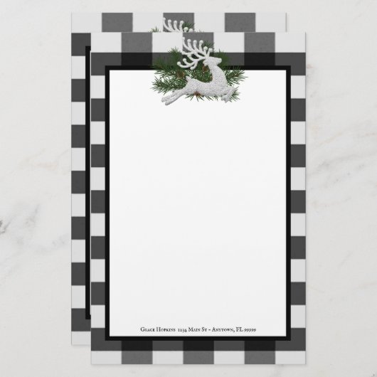 Papeterie Reindeer Buffalo Plaid Stationery personnalisée (Devant / Derrière)