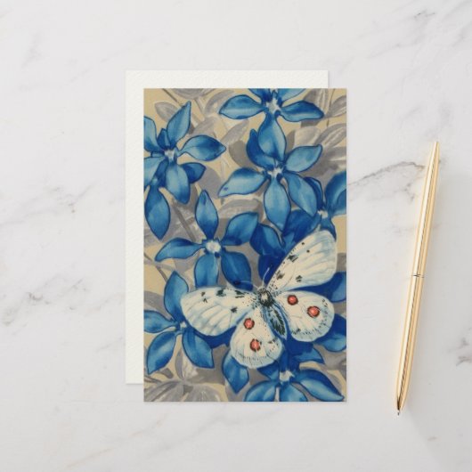 Papeterie rétro, papillon sur fleurs bleues arrière - plan (Devant/Arrière en situation)