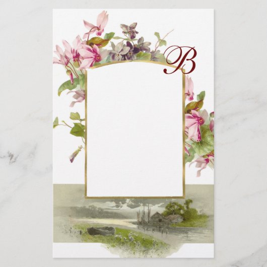Papeterie ROMANTIQUE MONOGRAMME / CYCLAMENS, rose vert blanc (Devant)