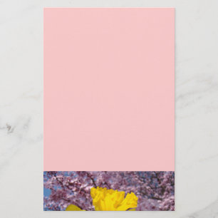 Papeterie rose arbre fleurit printemps jonquilles