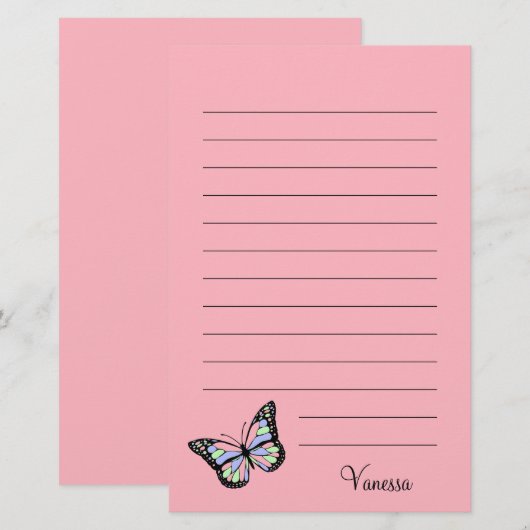 Papeterie Rose mou avec un script noir et un papillon (Devant / Derrière)