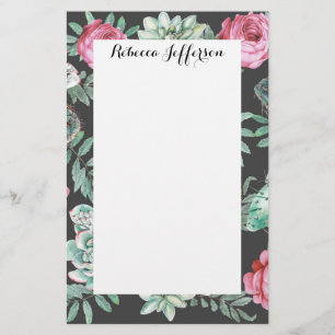 Papeterie Roses roses et Motif de cactus succulents sur noir