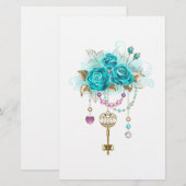 Papeterie Roses turquoise avec touches (Devant / Derrière)