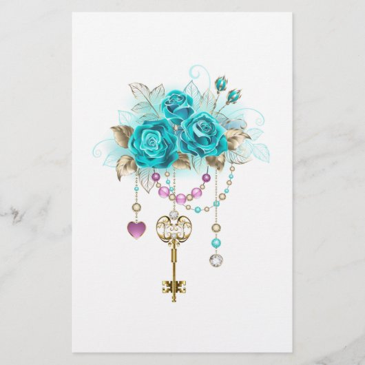 Papeterie Roses turquoise avec touches (Devant)