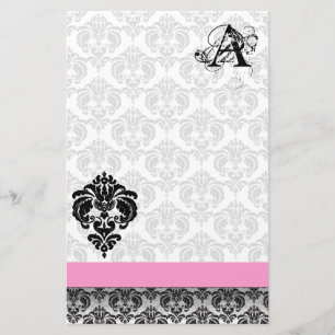 Papeterie Ruban rose Noir Damas Monogramme Papier Recyclé