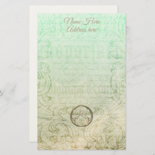 Papeterie Script damassé victorien or vert élégant (Devant / Derrière)