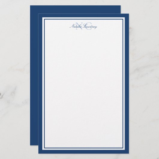 Papeterie Script Marine Bleu Deux bordures Monogramme vertic (Devant / Derrière)
