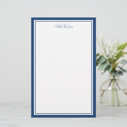 Papeterie Script Marine Bleu Deux bordures Monogramme vertic (Debout devant)