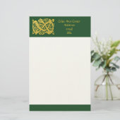 Papeterie Serpent doré celte sur papier d'écriture vert fonc (Debout devant)