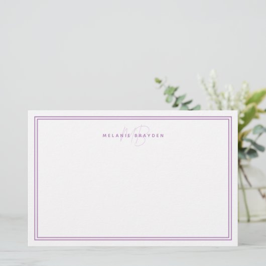 Papeterie Simple Lavande Minimale Monogramme Deux Bordures (Debout devant)