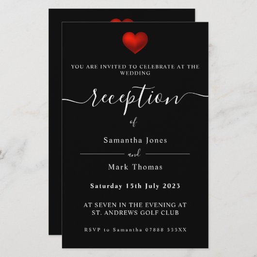 Papeterie Simple moderne Red Heart Black Réception Invitatio (Devant / Derrière)