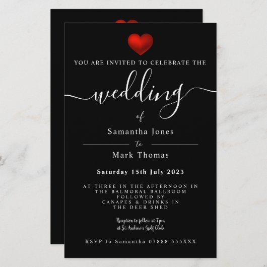 Papeterie Simple moderne Red Heart Mariage noir (Devant / Derrière)