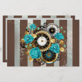 Papeterie Steampunk Clock and Turquoise Roses on Striped (Devant / Derrière)