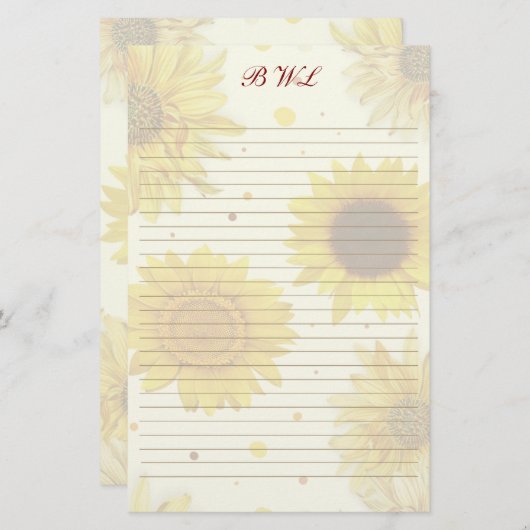 Papeterie Sunflowers Lined Monogram Writing Paper (Devant / Derrière)