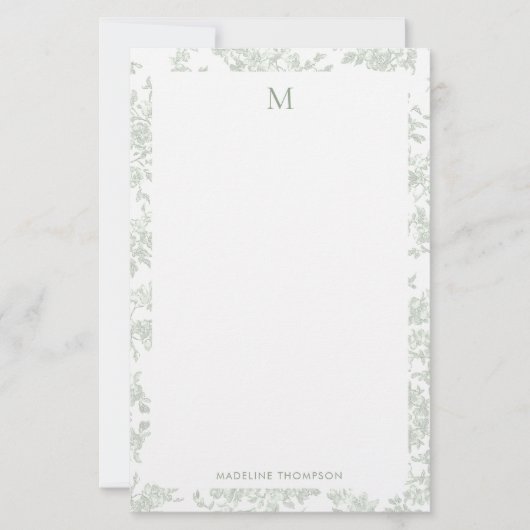 Papeterie Toile Botanique Classique Monogramme Vert Sauge (Devant)