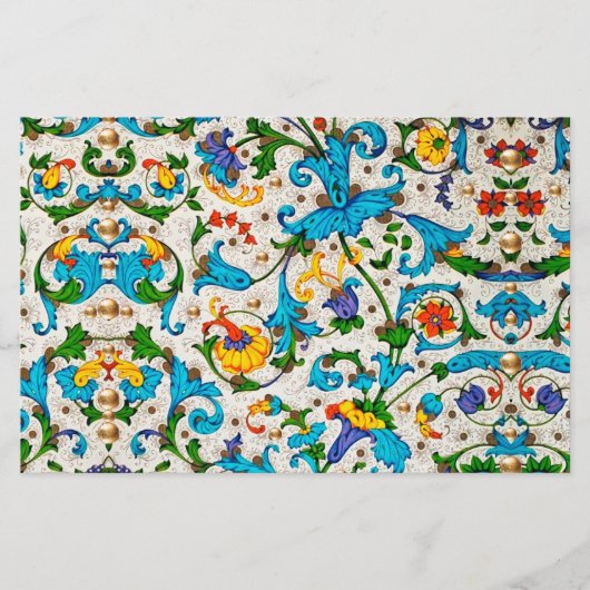 PAPETERIE TOSCANE RENAISSANCE BLEU VRILLES,FLEURS (Devant)