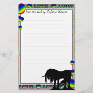 Papeterie Unicorne mystique avec lignes (coeurs arc-en-ciel)