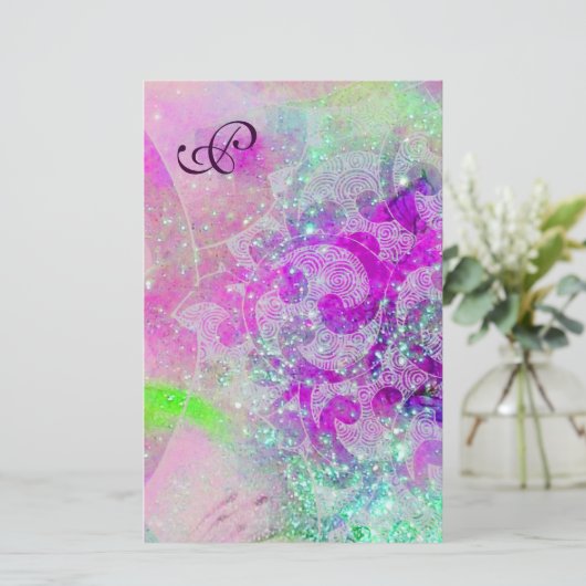 Papeterie VAGUES ABSTRAITES bleu, violet rose Mariage Monogr (Debout devant)