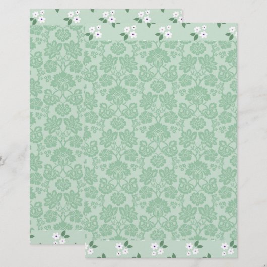 Papeterie Vert Blanc Floral Damask Simple Moderne (Devant / Derrière)