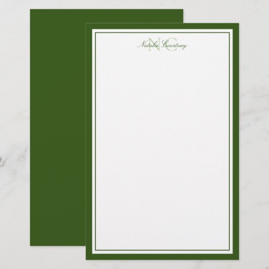 Papeterie Vert mousse Deux Monogramme Bordure épaisse et fin (Devant / Derrière)