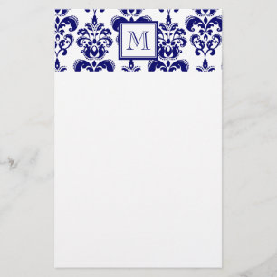 Papeterie Votre monogramme, Modèle bleu de Damas de marine 2