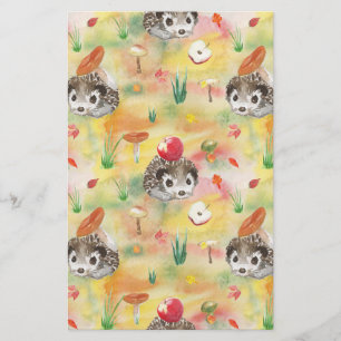 Papeterie Watercolor hedgehog with mushrooms and apple