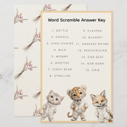 Papeterie Word Scramble Answer Key Whimsical Pajama Animals (Devant / Derrière)