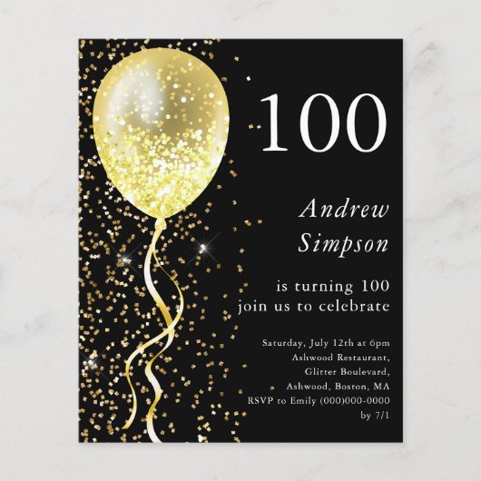 Papier 100e | Invitation budgétaire d'anniversaire noir e (Devant)