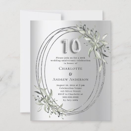 Papier 10e anniversaire mariage invitation feuillage arge (Devant)
