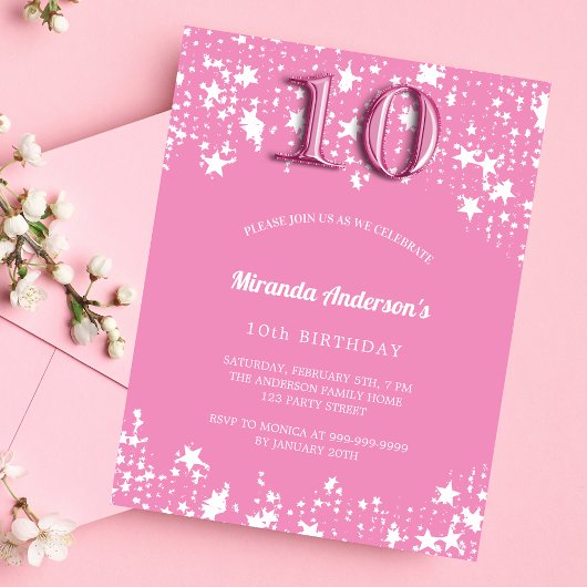 Papier 10e anniversaire rose blanc étoiles invitation bud