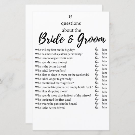 Papier 15 Questions About the Bride & Groom Wedding Game  (Devant / Derrière)