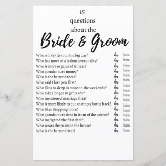 Papier 15 Questions About the Bride & Groom Wedding Game 