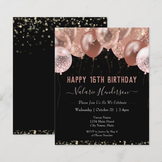 Papier 16e anniversaire Ballons roses (Devant / Derrière)