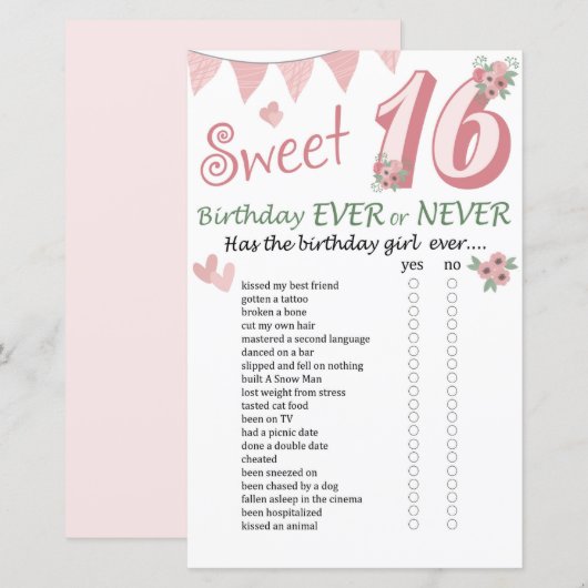 Papier 16e anniversaire Jeu jamais ou jamais (Devant / Derrière)