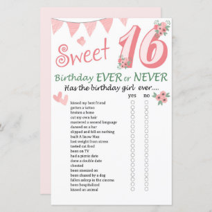 Papier 16e anniversaire Jeu jamais ou jamais