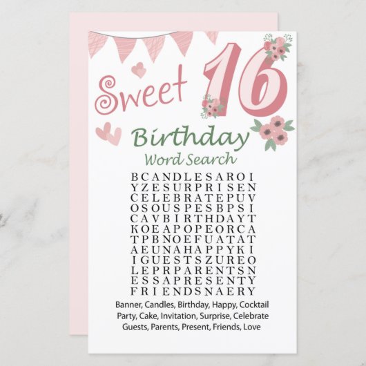 Papier 16e anniversaire Mot de recherche Jeu (Devant / Derrière)