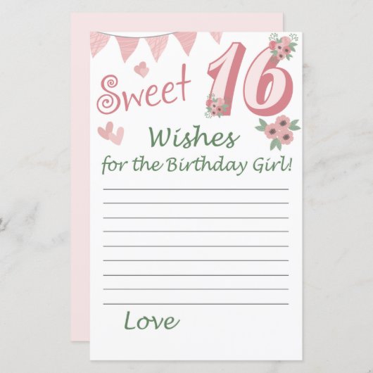 Papier 16e anniversaire Voeux pour la fille d'anniversair (Devant / Derrière)