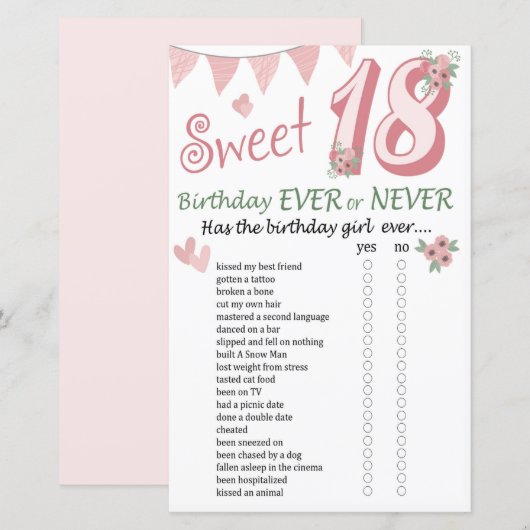 Papier 18 e anniversaire Jeu jamais ou jamais (Devant / Derrière)