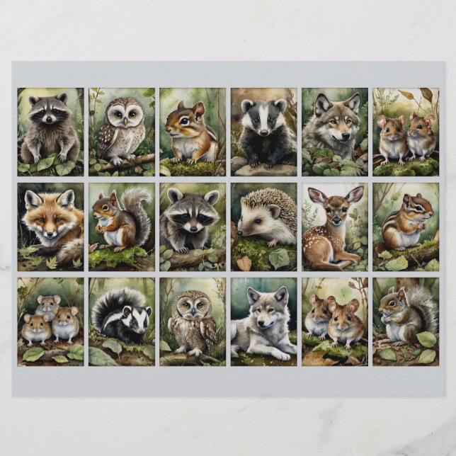 Papier 18 rectangles d'animaux de forêt pour Junk Journal (Devant)