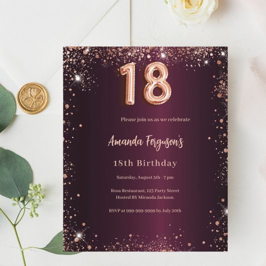 Papier 18e anniversaire burgundy rose or invitation