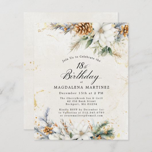 Papier 18e anniversaire Hiver Blanc Floral Invitation (Devant / Derrière)