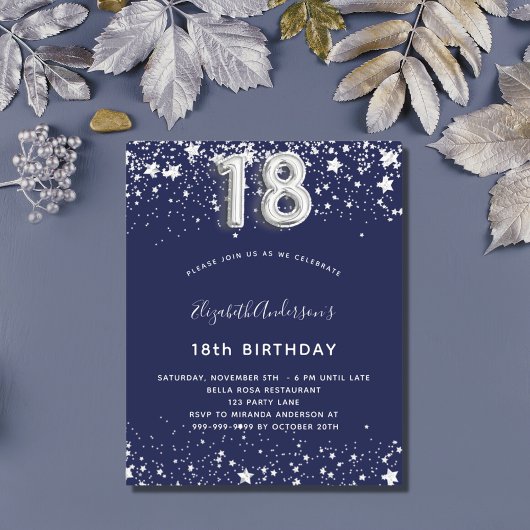 Papier 18e anniversaire marine bleu argent invitation
